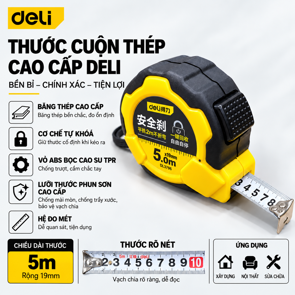 Thước cuộn thép có bọc cao su 5mx19mm