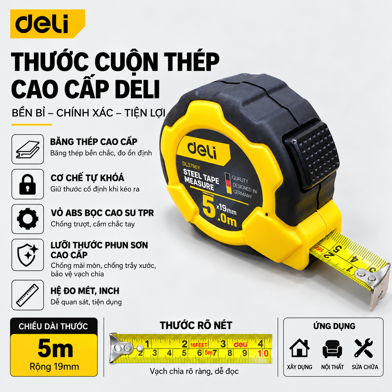 Thước dây thép 5mx19mm Deli