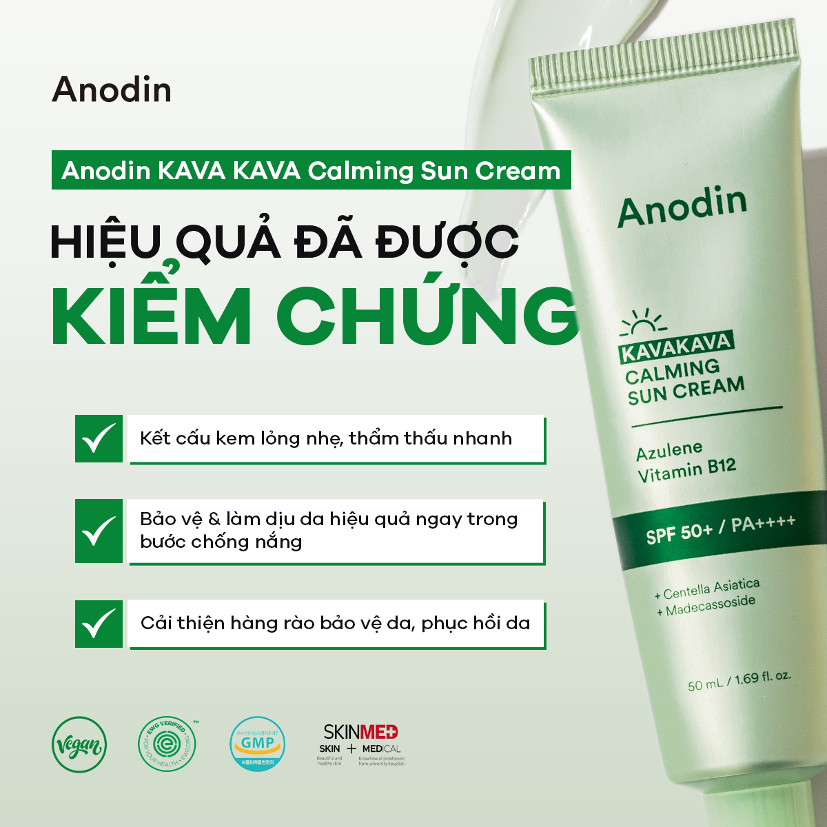 Kem chống nắng thuần vật lý cho da dầu mụn, nhạy cảm ANODIN KAVA KAVA Calming Sun Cream 50ml