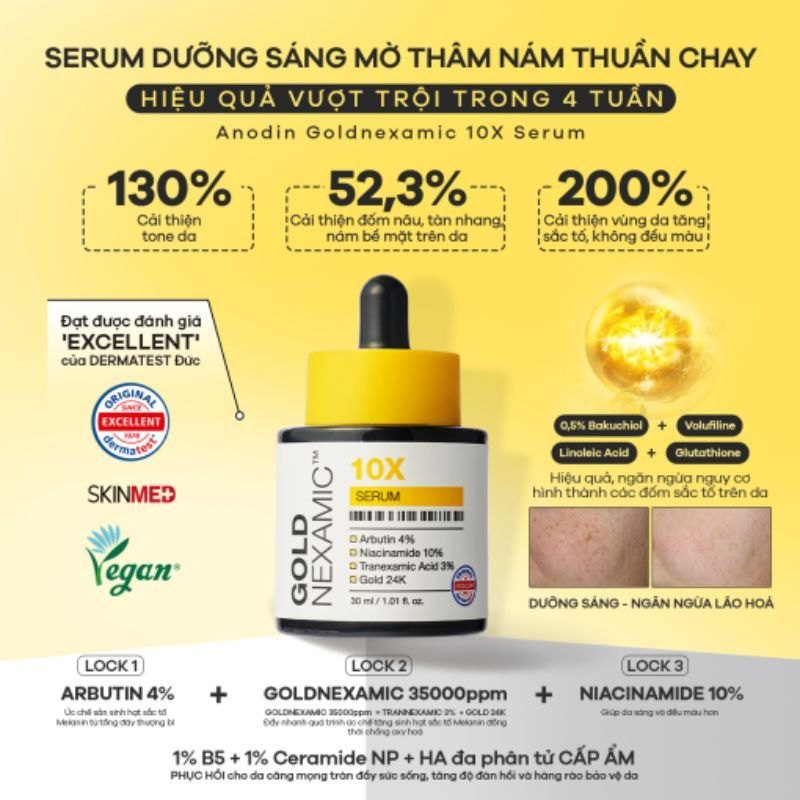 Serum trắng da mờ thâm nám đa tầng Anodin GOLDNEXAMIC 10X Serum 30ml