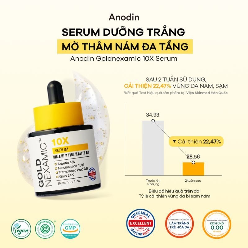 Serum trắng da mờ thâm nám đa tầng Anodin GOLDNEXAMIC 10X Serum 30ml