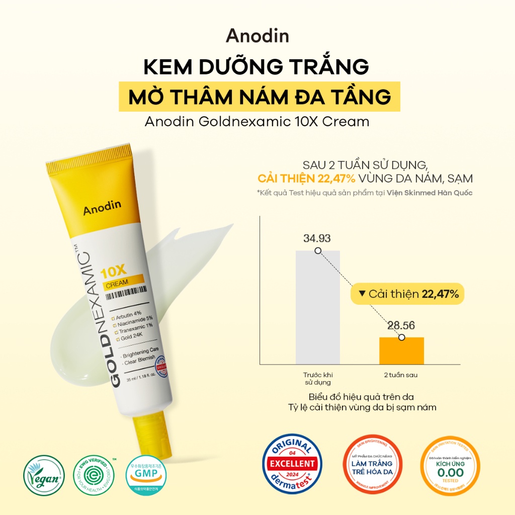 Kem dưỡng trắng mờ thâm nám đa tầng Anodin GOLDNEXAMIC 10X Cream 35ml