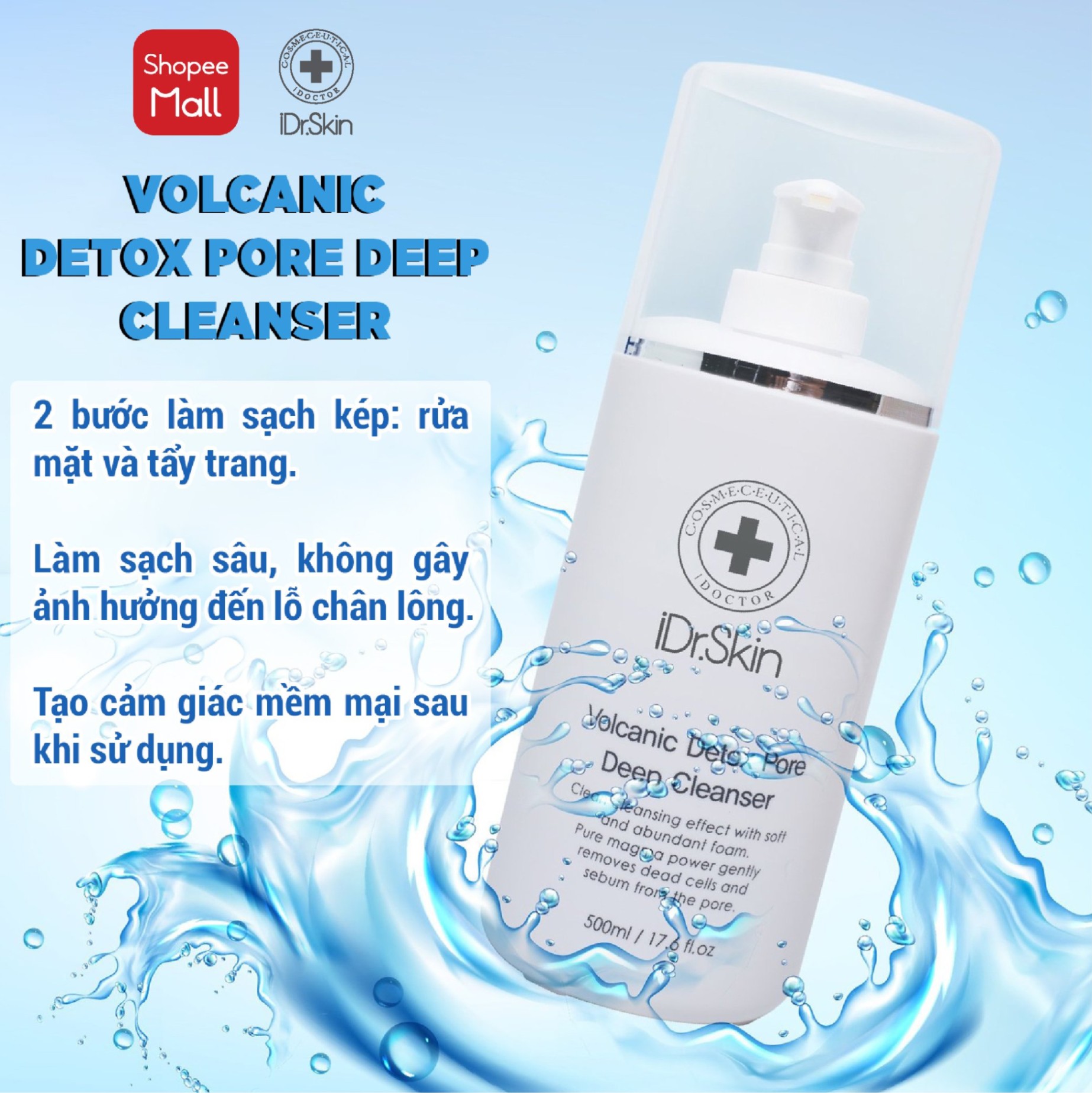 Sữa rửa mặt phù hợp cho da thường, da dầu, da khô Volcanic Detox Pore Deep Cleanser Idrskin