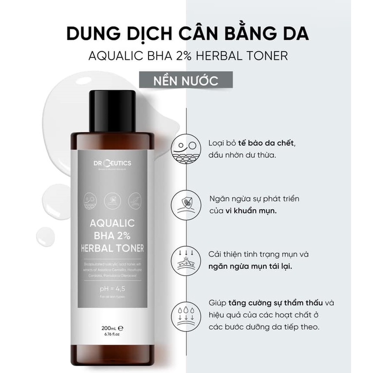 Toner giảm ngừa mụn DrCeutics Aqualic BHA 2% Herbal Toner 200ml.