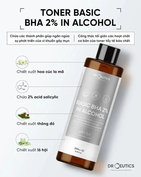 Toner thoáng lỗ chân lông giảm mụn DrCeutics Basic BHA 2% In Alcohol 200ml.