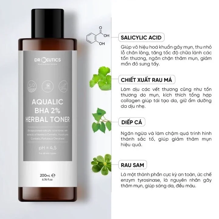 Toner giảm ngừa mụn DrCeutics Aqualic BHA 2% Herbal Toner 200ml.