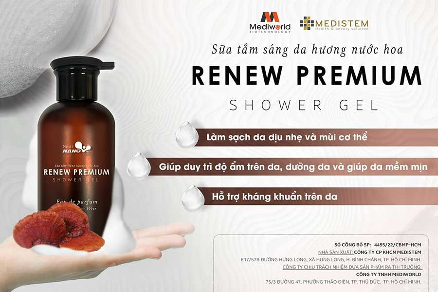 Gel tắm cao cấp dưỡng ẩm, mịn da, trắng sáng da Renew Premium Shower Gel Mediworld