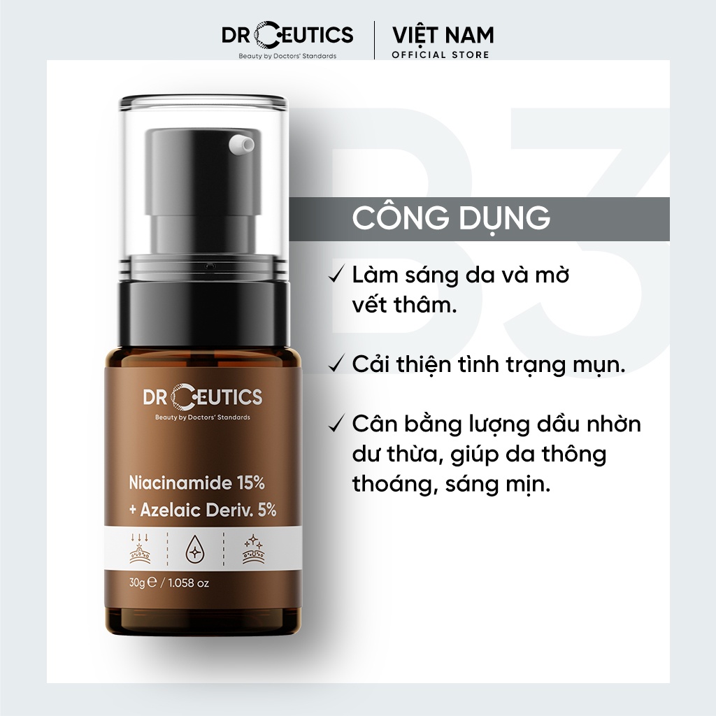 Serum giảm mụn, sáng da, mờ thâm DrCeutics Vitamin B3 15% Niacinamide 15% + Azelaic 5% 30g