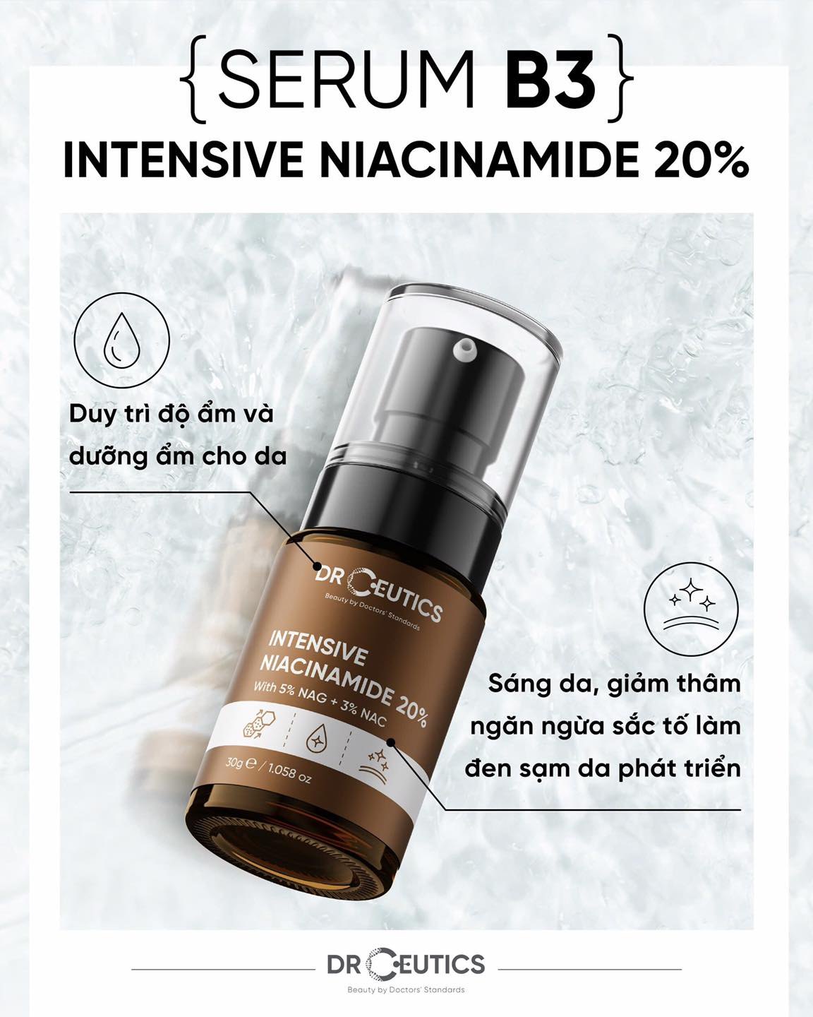 Serum sáng da, mờ thâm sạm DrCeutics Vitamin B3 20% + NAG 5% + NAC 3% 30gr