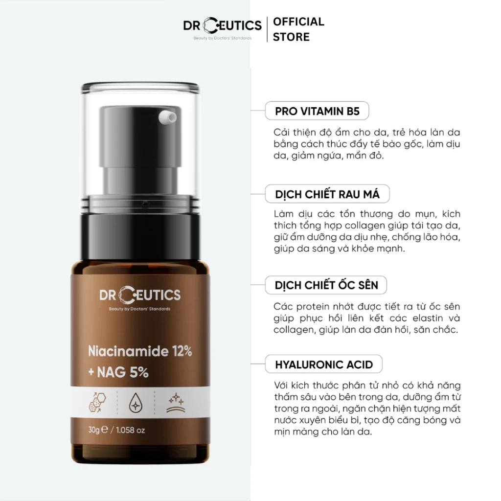 Serum giảm thâm, sáng da, kiềm dầu DrCeutics Niacinamide 12% + NAG 5% 30ml