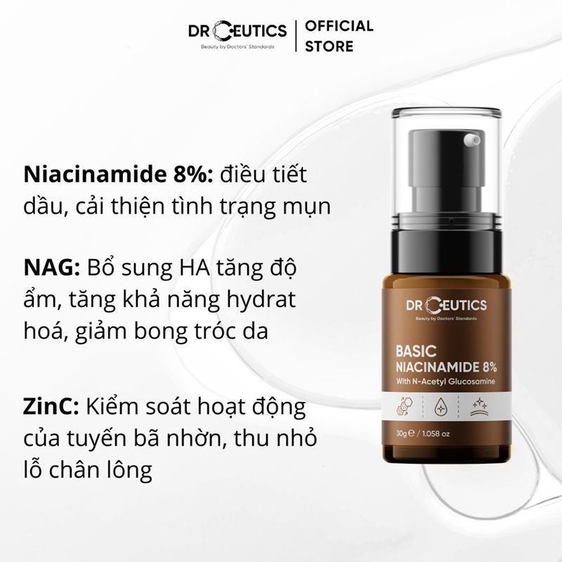 Serum làm sáng da DrCeutics Vitamin B3 8% Niacinamide 8% + NAG + Kẽm PCA 30gr