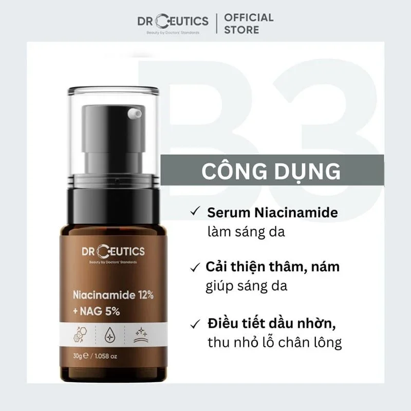 Serum giảm thâm, sáng da, kiềm dầu DrCeutics Niacinamide 12% + NAG 5% 30ml