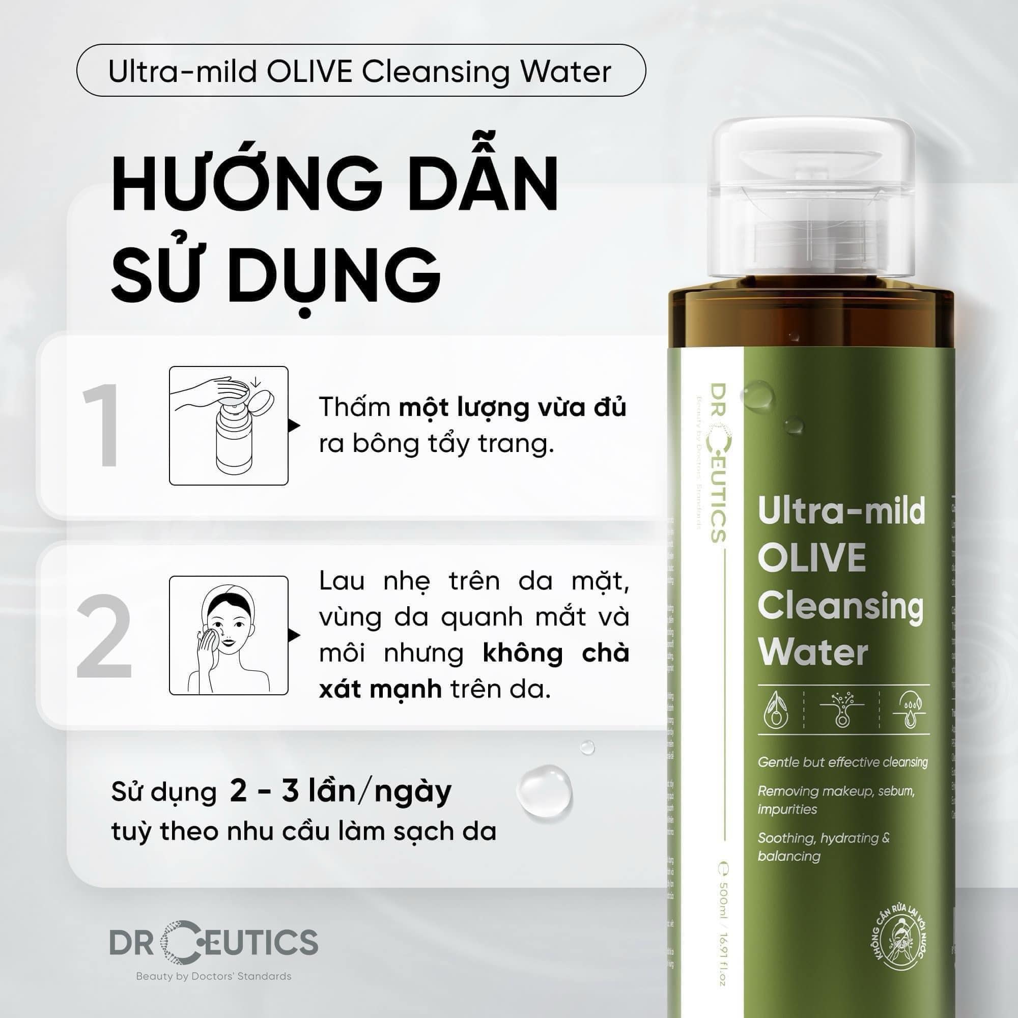 Nước tẩy trang DrCeutics Ultra - Mild Olive Cleansing Water 500ml