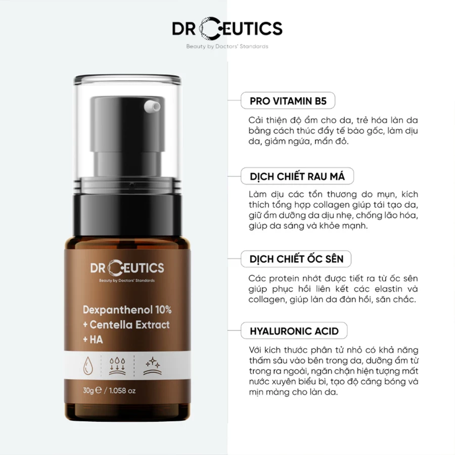 Serum cấp ẩm và phục hồi da DrCeutics Vitamin B5 10% Dexpanthenol 10% + Centella Extract + HA 30g