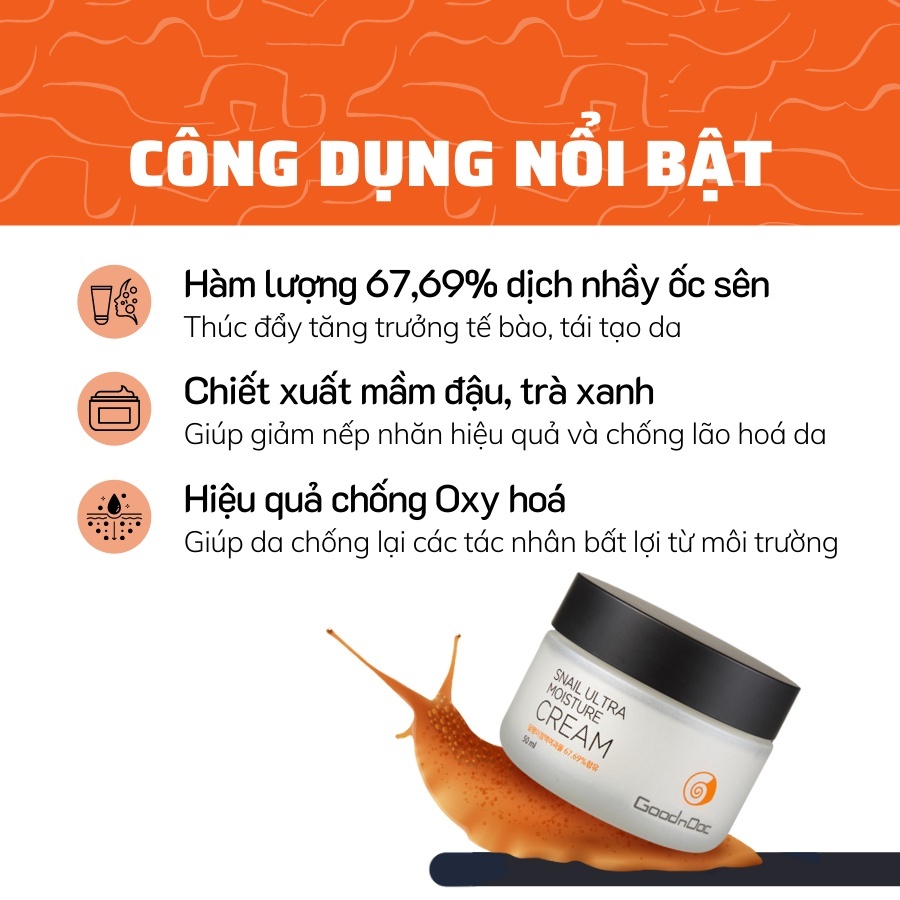 Kem dưỡng chống lão hoá da ốc sên Snail Ultra Moisture Cream GoodnDoc 50ml