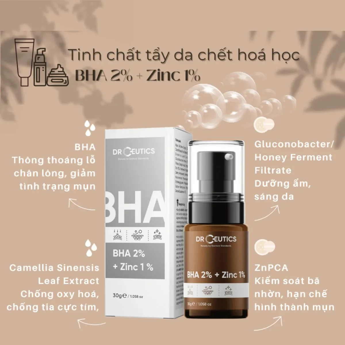 Serum làm giảm và ngừa mụn Dr Ceutics BHA 2% + Zinc 1% 30 ml