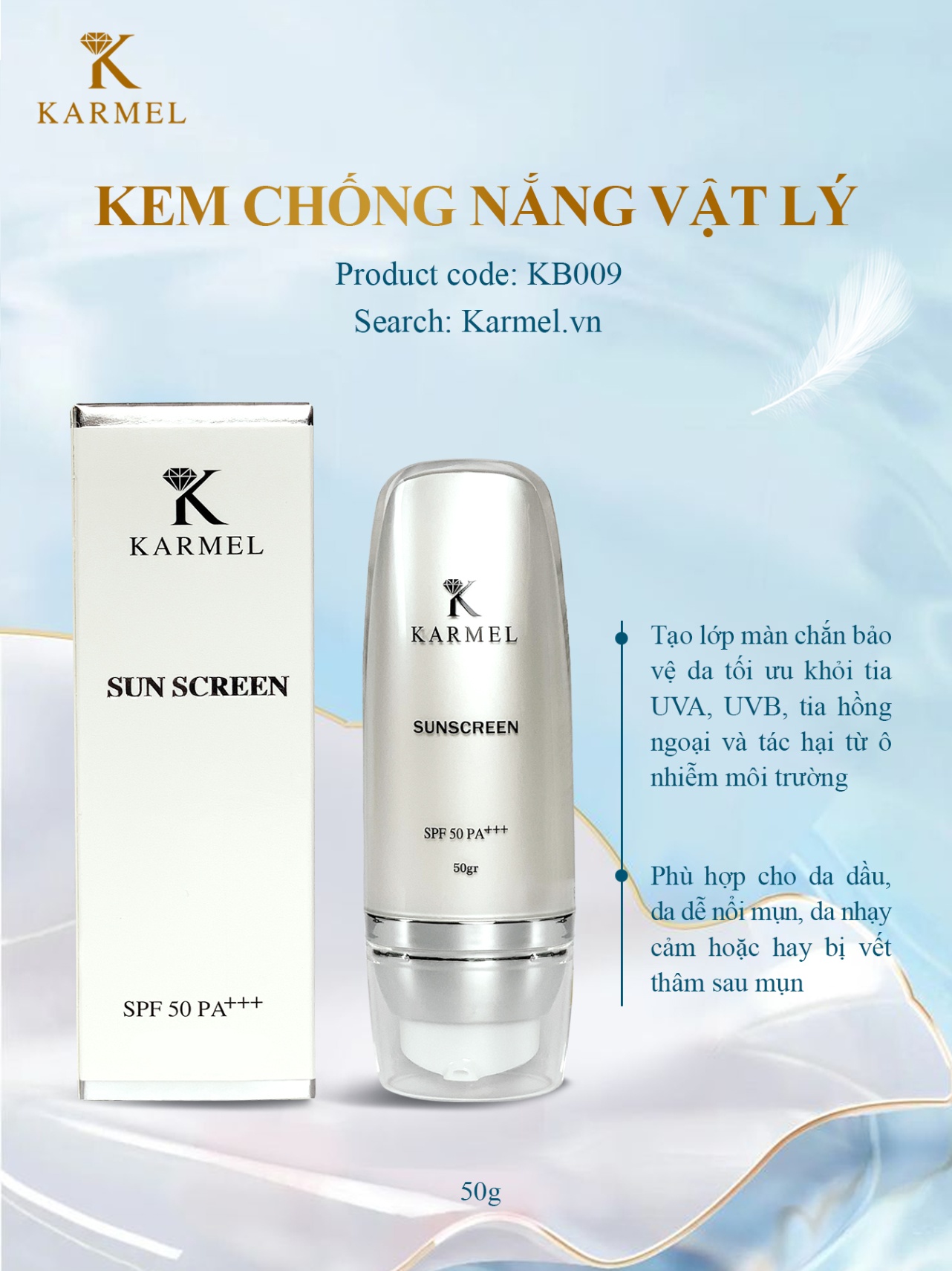 Kem chống nắng vật lý cho da hỗn hợp, da dầu mụn Karmel - Sun Screen SPF 50 PA+++ - 50gr