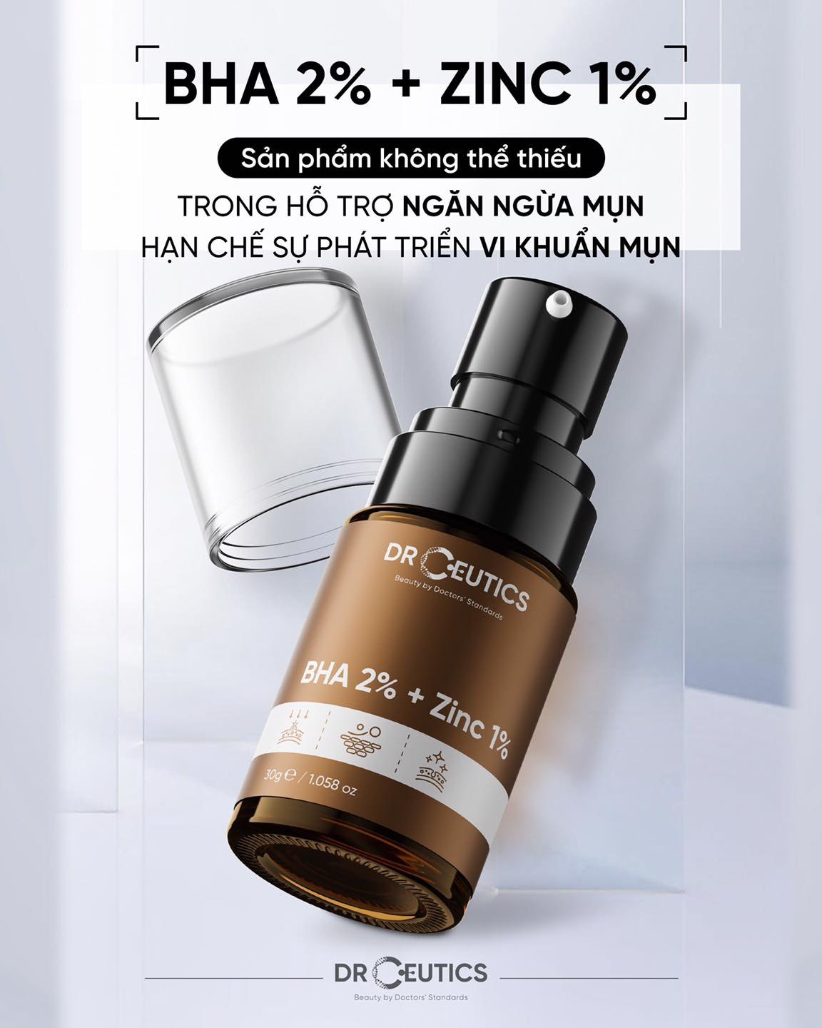 Serum làm giảm và ngừa mụn Dr Ceutics BHA 2% + Zinc 1% 30 ml