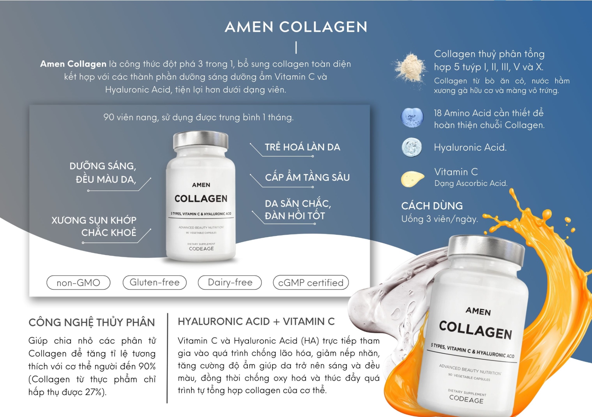 Viên uống Codeage Amen Collagen + Vitamin C + HA