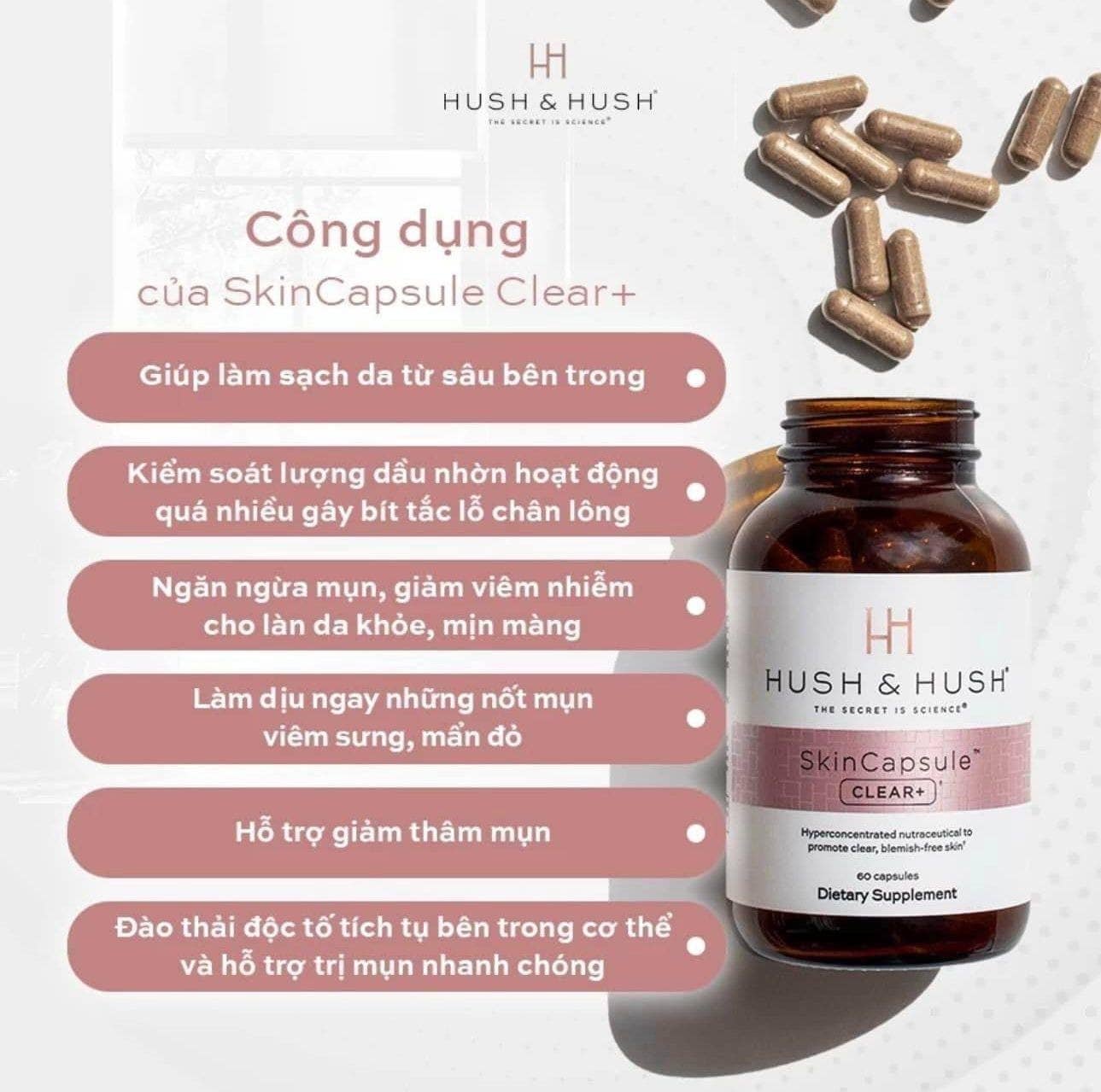 Viên uống giảm mụn Hush & Hush SkinCapsule CLEAR+ lọ 60 viên