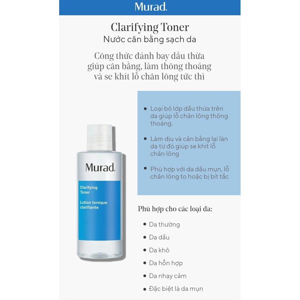 Nước Cân Bằng Giảm Dầu Mụn Murad Clarifying Toner 180ml