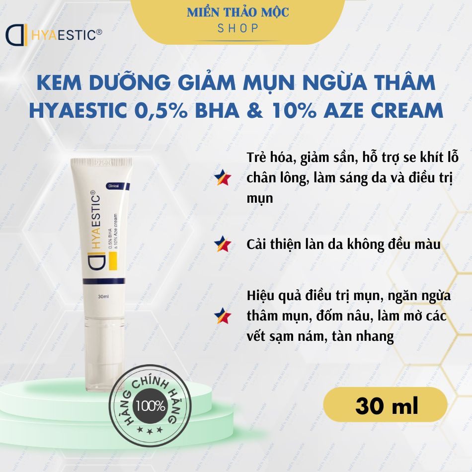 Kem dưỡng giảm mụn ngừa thâm Hyaestic 0,5% BHA & 10% Aze Cream 30ml