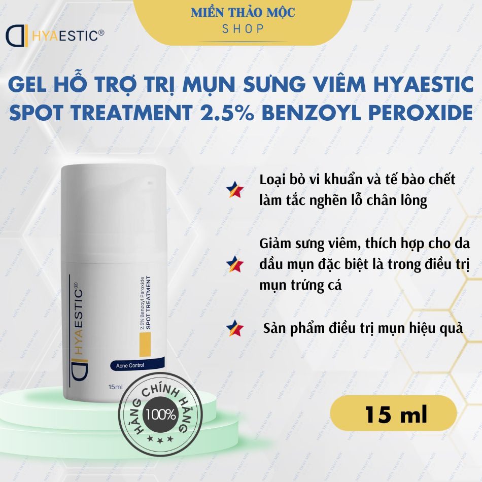 Gel hỗ trợ trị mụn sưng viêm Hyaestic Spot Treatment 2.5% Benzoyl Peroxide 15ml