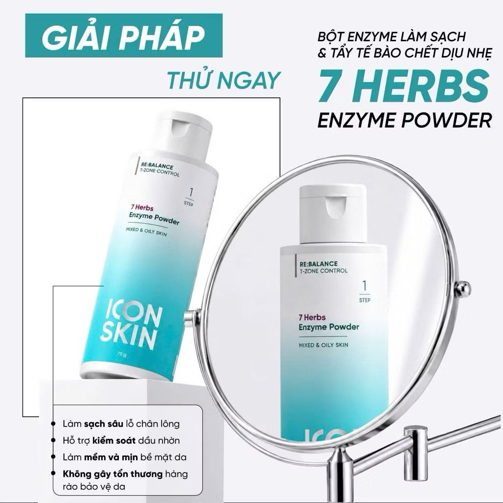 Bột tẩy da chết cho da dầu da, hỗn hợp Icon Skin 7 Herbs Enzyme Cleansing Powder