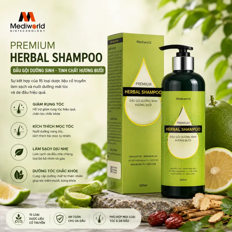 Dầu gội công nghệ sinh học Mediworld Premium Herbal Shampoo - hương Bưởi 500ml