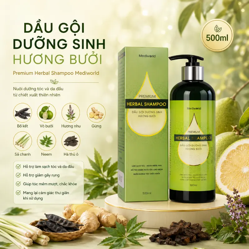Dầu gội công nghệ sinh học Mediworld Premium Herbal Shampoo - hương Bưởi 500ml