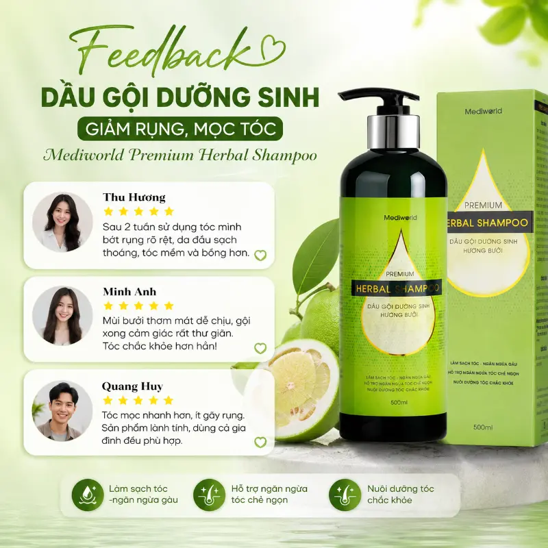 Dầu gội công nghệ sinh học Mediworld Premium Herbal Shampoo - hương Bưởi 500ml