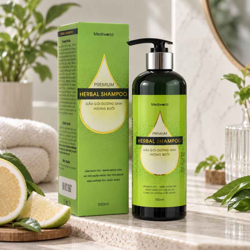 Dầu gội dưỡng sinh giảm rụng mọc tóc Mediworld Premium Herbal Shampoo