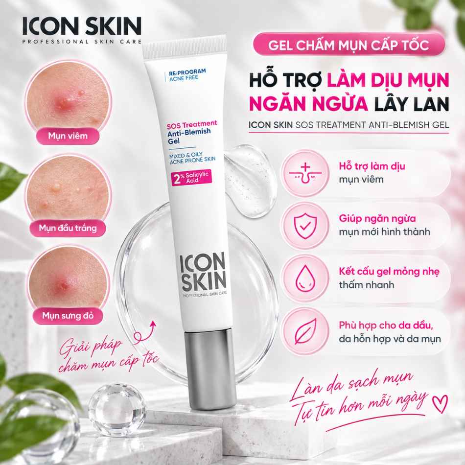 Gel chấm mụn dành cho da dầu, da hỗn hợp Icon Skin SOS Treatment Anti-Blemish Gel
