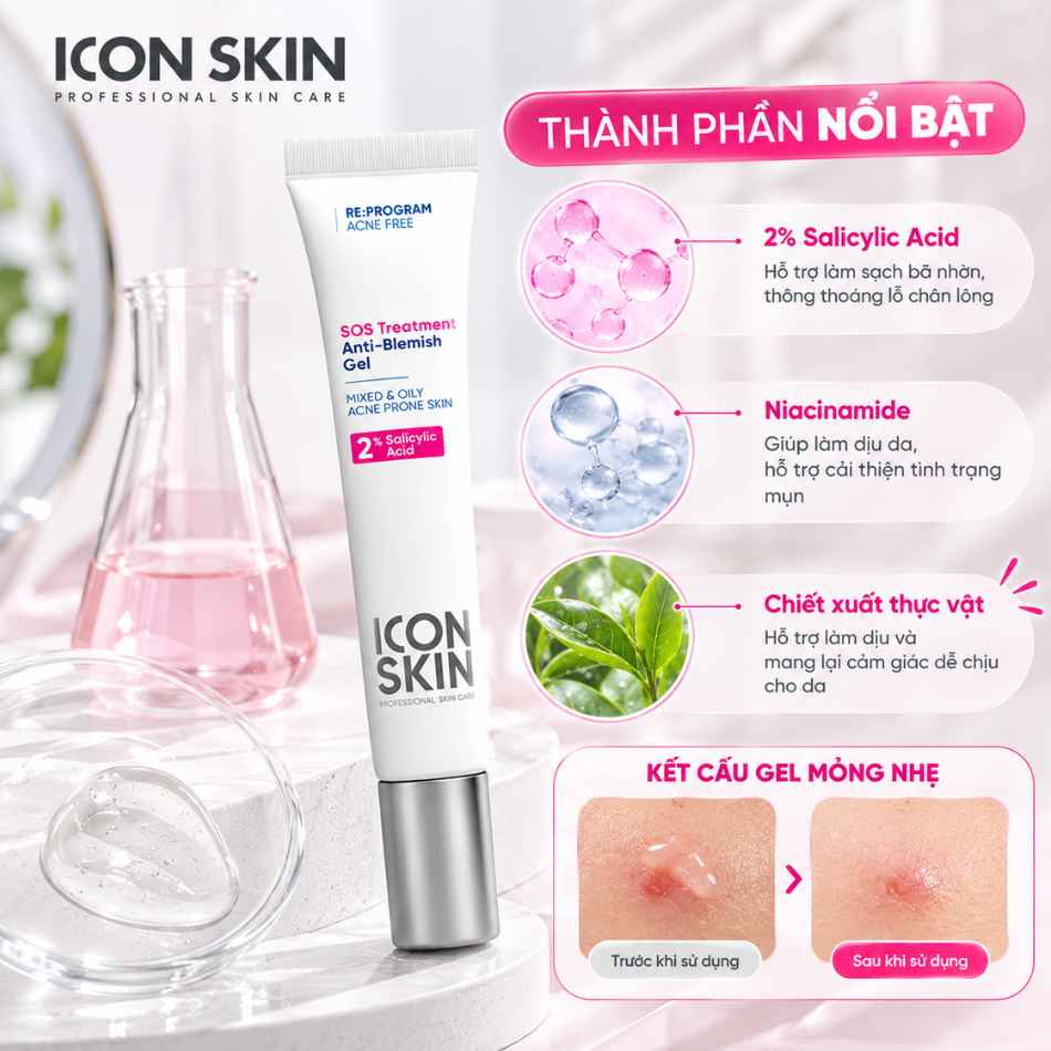 Gel chấm mụn dành cho da dầu, da hỗn hợp Icon Skin SOS Treatment Anti-Blemish Gel