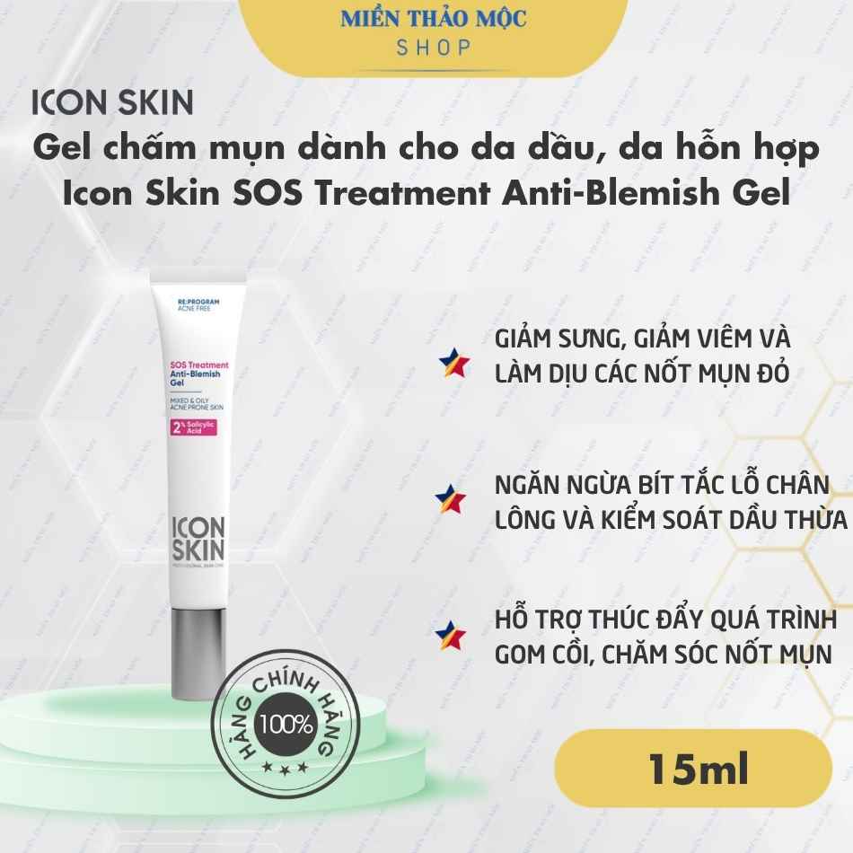 Gel chấm mụn dành cho da dầu, da hỗn hợp Icon Skin SOS Treatment Anti-Blemish Gel