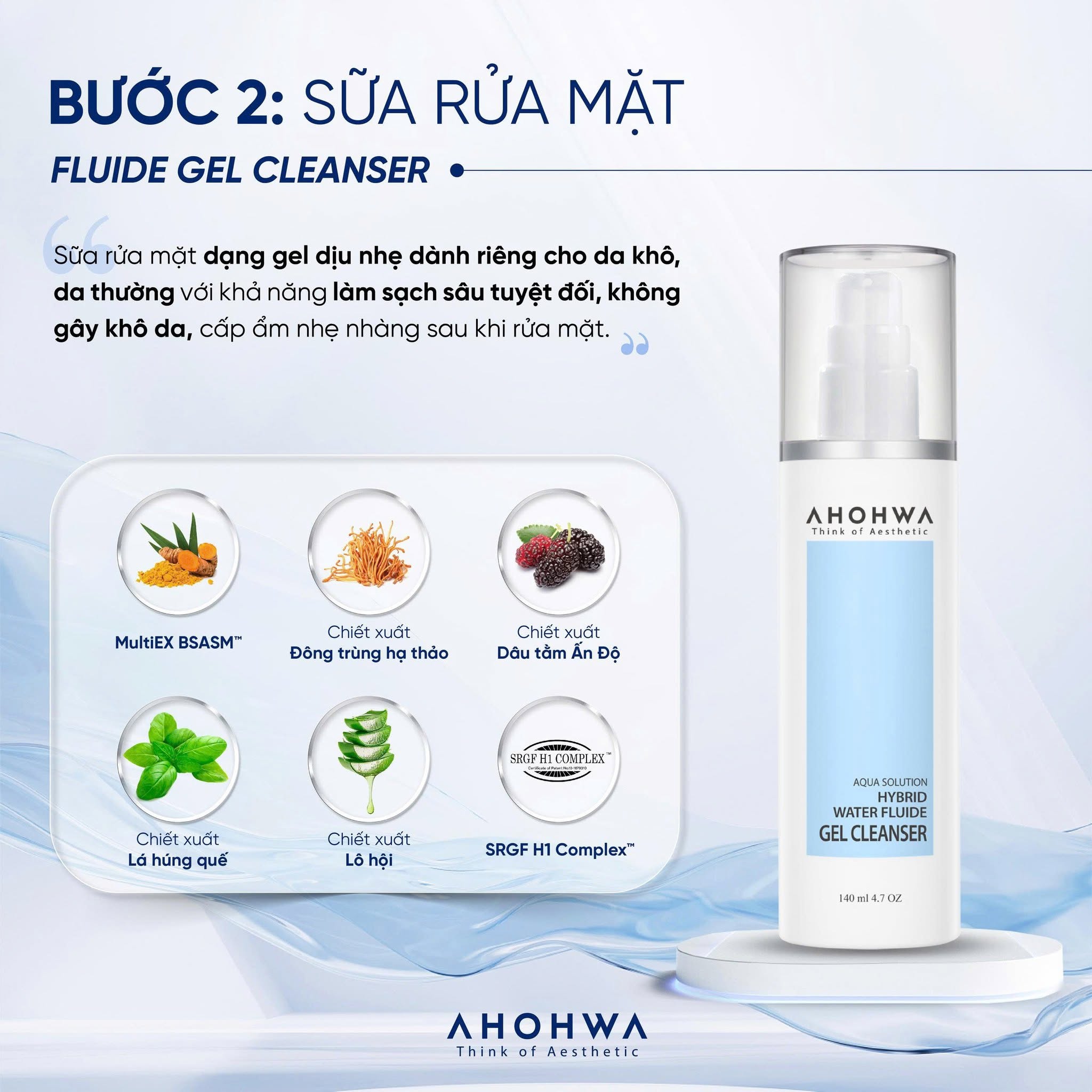 Gel rửa mặt dành cho mọi loại da Ahohwa Aqua Solution Hybrid Water Fluide Gel Cleanser