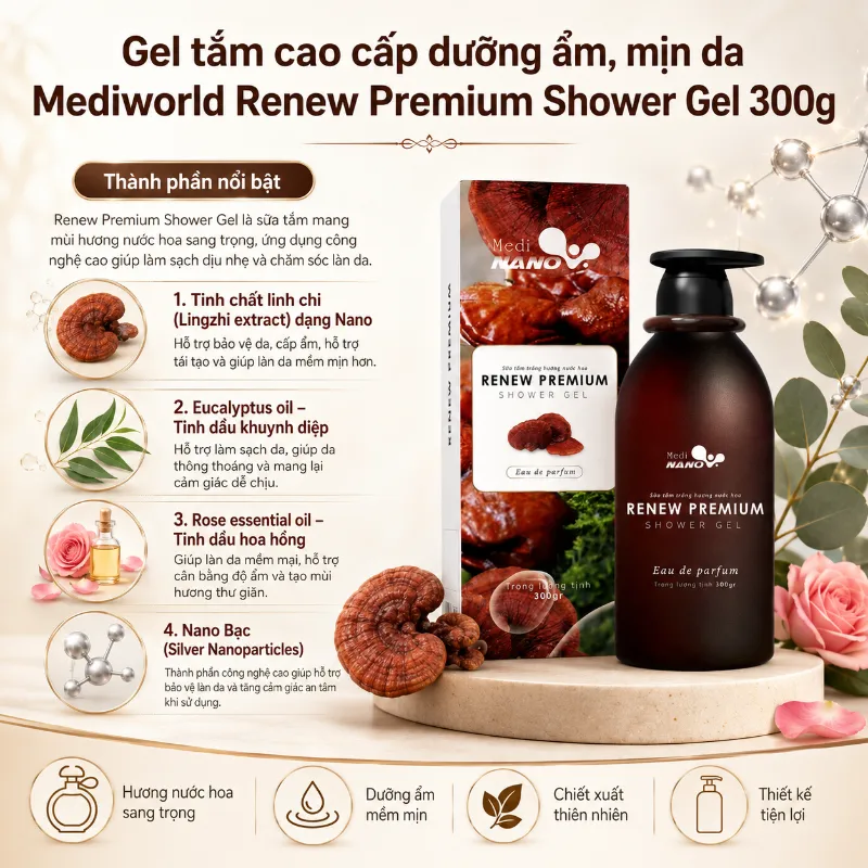 Gel tắm cao cấp dưỡng ẩm mịn trắng sáng da Mediworld Renew Premium Shower Gel