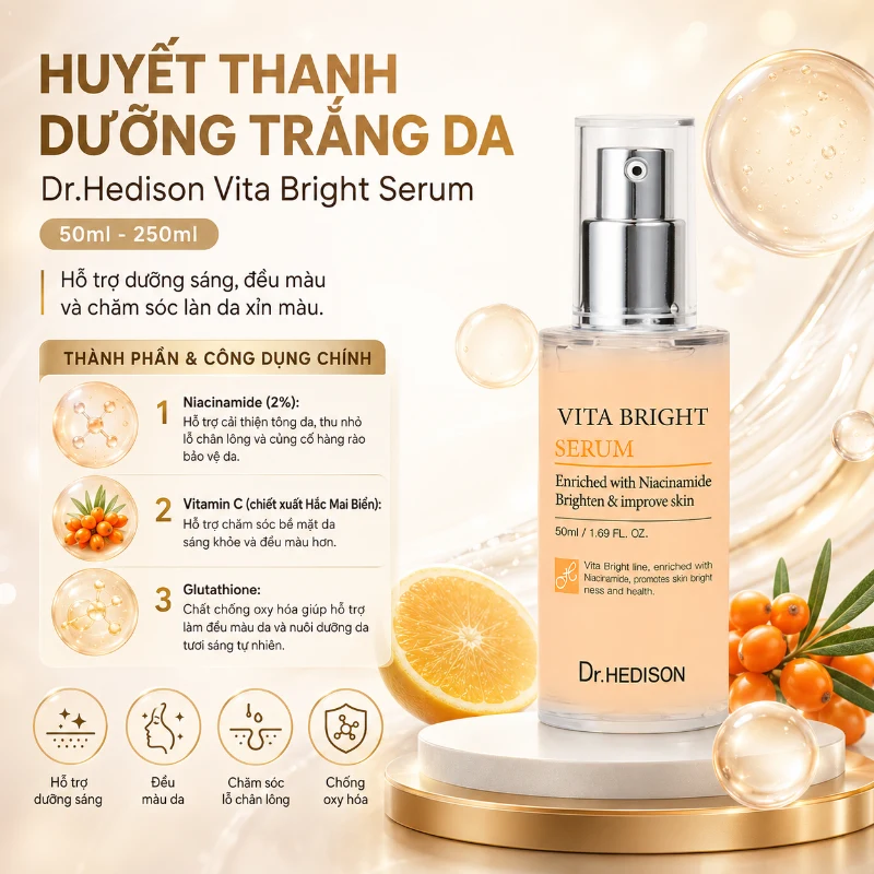 Huyết Thanh Dưỡng Trắng Da, Hỗ Trợ Giảm Thâm Nám Và Cải Thiện Sắc Tố Da Dr.Hedison Vita Bright Serum (50ml-250ml)