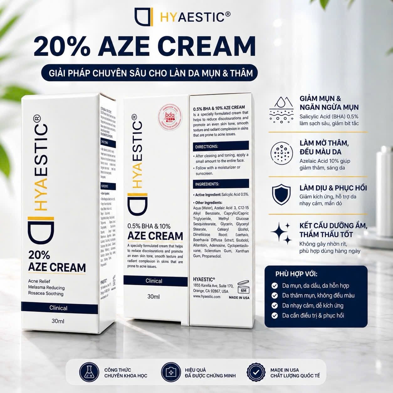 Kem Dưỡng Chứa Azelaic Acid 20%, Hỗ Trợ Cải Thiện Da Mụn, Rosacea & Sắc Tố Hyaestic 20% AZE Cream 30ml