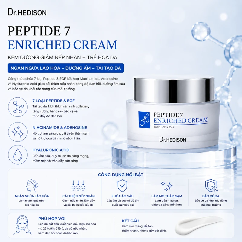 Kem Dưỡng Giảm Nếp Nhăn,Tăng Đàn Hồi, Trẻ Hóa Da Peptide 7 Enriched Cream Dr.HEDISON 50ml