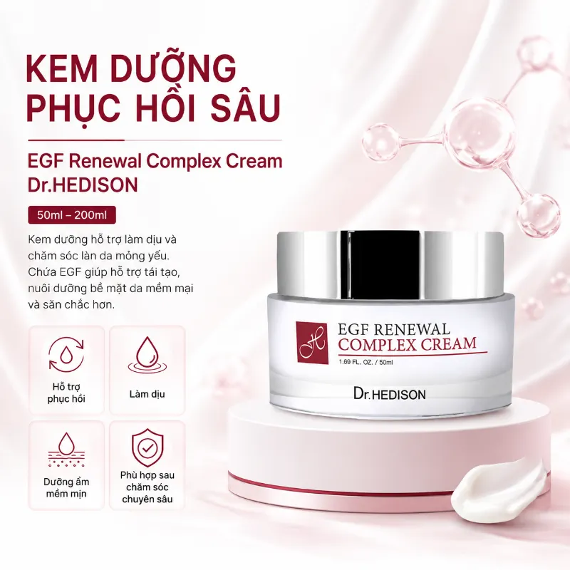 Kem Dưỡng Phục Hồi Da Sau Treatment, Dưỡng Sáng & Chống Lão Hóa EGF Renewal Complex Cream Dr.Hedison 50ml-200ml
