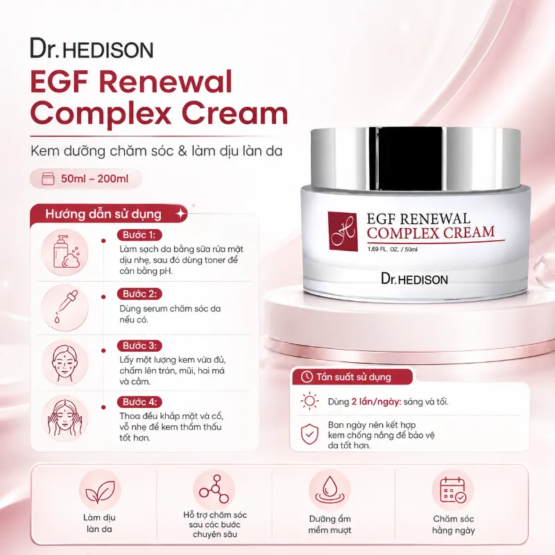 Kem Dưỡng Phục Hồi Da Sau Treatment, Dưỡng Sáng & Chống Lão Hóa EGF Renewal Complex Cream Dr.Hedison 50ml-200ml