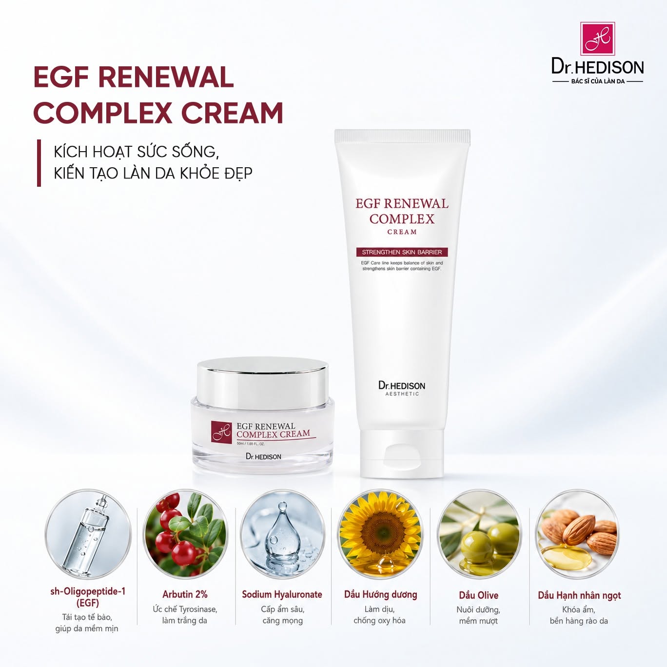 Kem dưỡng phục hồi, hỗ trợ tái tạo và chăm sóc da lão hóa Dr.HEDISON EGF Renewal Complex Cream