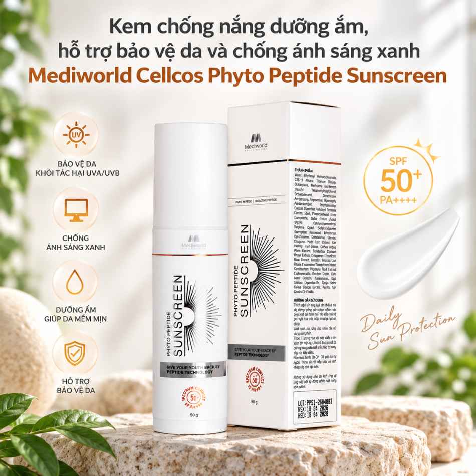 Kem chống nắng dưỡng ẩm, hỗ trợ bảo vệ da và chống ánh sáng xanh Mediworld Cellcos Phyto Peptide Sunscreen