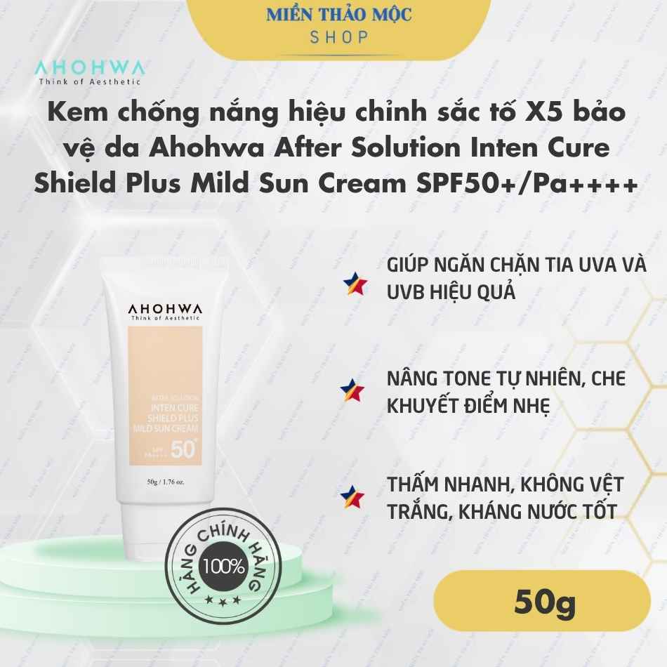 Kem chống nắng hiệu chỉnh sắc tố X5 bảo vệ da Ahohwa After Solution Inten Cure Shield Plus Mild Sun Cream SPF50+/Pa++++