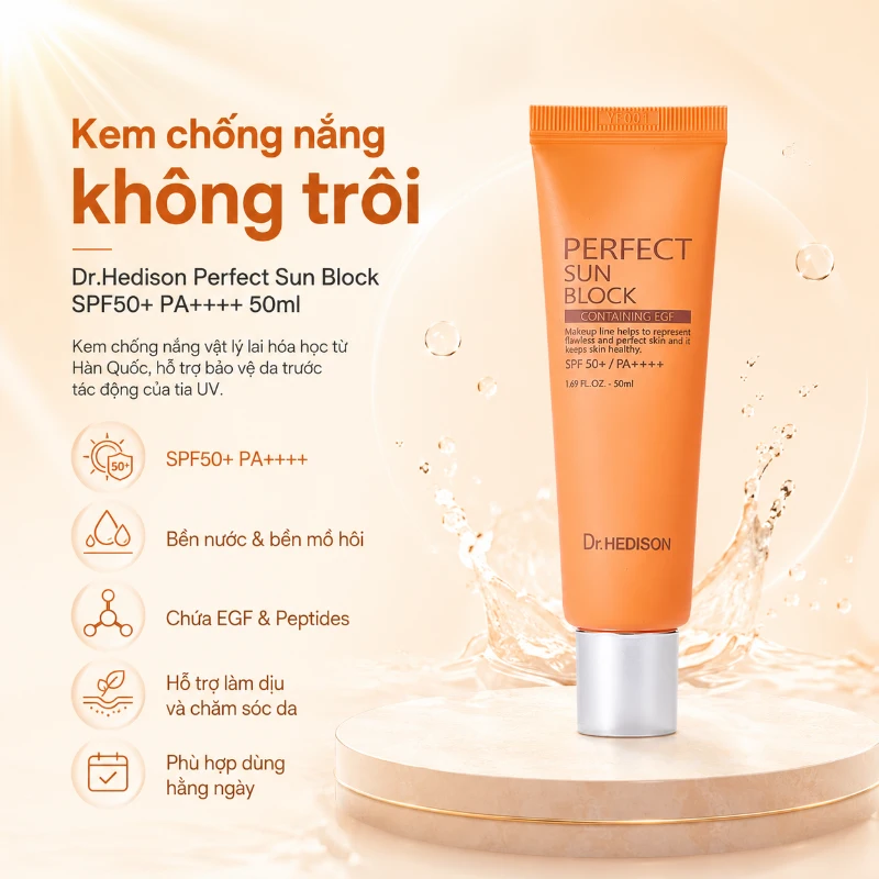 Kem chống nắng không trôi Dr.Hedison Perfect Sun Block SPF50+ PA++++ 50ml – Bảo Vệ Toàn Diện, Kháng Nước Và Dưỡng Da Mỗi Ngày