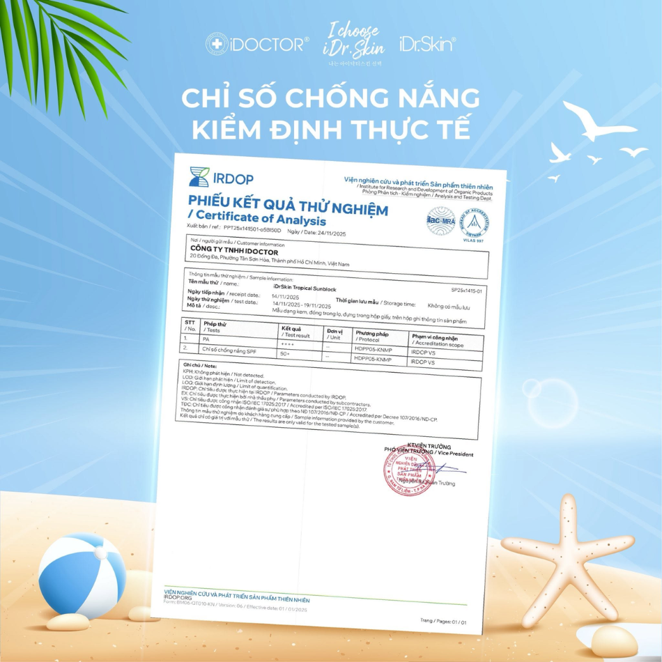 Kem chống nắng phổ rộng iDr.Skin SPF 55 & PA +++ Tropical Sunblock