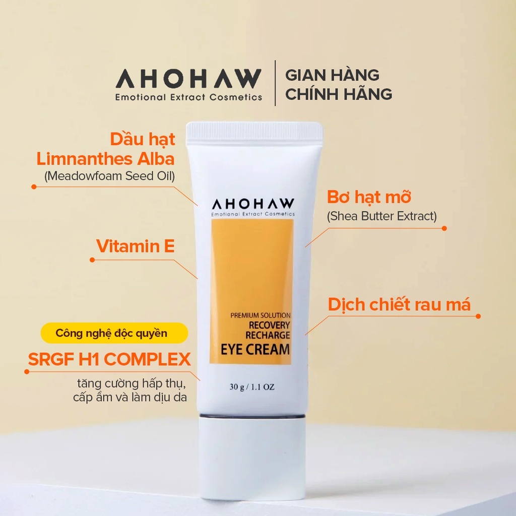 Kem dưỡng cân bằng ẩm cải thiện nếp nhăn vùng quanh mắt Ahohwa Premium Solution Recovery Recharge Eye Cream