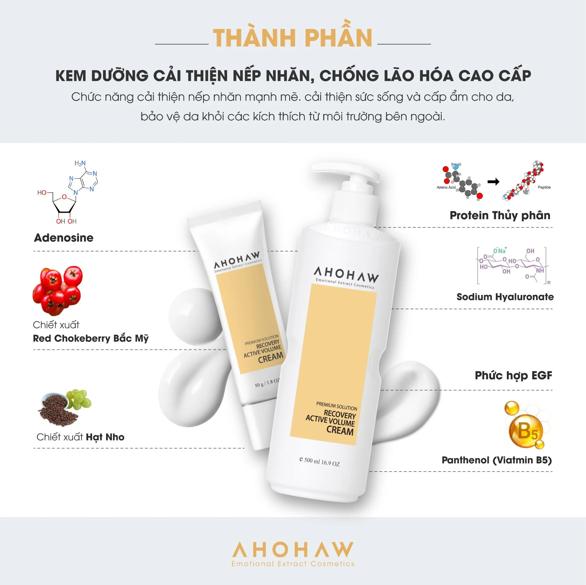 Kem dưỡng cân bằng ẩm phục hồi chống lão hóa Ahohwa Premium Solution Recovery Active Volume Cream