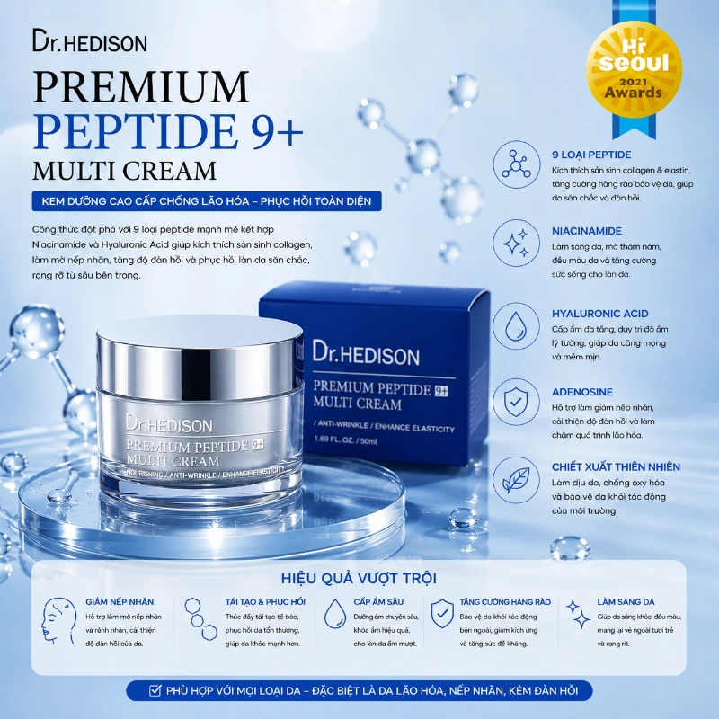 Kem dưỡng cao cấp giảm nhăn, trẻ hóa và tăng đàn hồi da Dr.HEDISON Premium Peptide 9+ 50ml